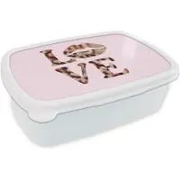 MuchoWow Broodtrommel Wit - Lunchbox Tekst - Love - Pantervacht - Lichtroze - Brooddoos 18x12x6 cm - Brood lunch box - Broodtrommels voor kinderen en volwassenen