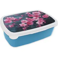 MuchoWow Broodtrommel Blauw - Lunchbox Bloem - Bloesems - Roze - Abstract - Brooddoos 18x12x6 cm - Brood lunch box - Broodtrommels voor kinderen en volwassenen