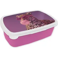 MuchoWow Broodtrommel Roze - Lunchbox Panter - Zonnebril - Kauwgombel - Roze - Brooddoos 18x12x6 cm - Brood lunch box - Broodtrommels voor kinderen en volwassenen