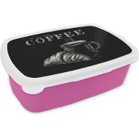 MuchoWow Broodtrommel Roze - Lunchbox Koffie - Croissant - Tekst - Brooddoos 18x12x6 cm - Brood lunch box - Broodtrommels voor kinderen en volwassenen