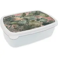 MuchoWow Broodtrommel Wit - Lunchbox Compositie van bladeren - Groen - Roze - Brooddoos 18x12x6 cm - Brood lunch box - Broodtrommels voor kinderen en volwassenen