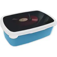 MuchoWow Broodtrommel Blauw - Lunchbox Vinylplaat - Rood - Platenspeler - Naald - Brooddoos 18x12x6 cm - Brood lunch box - Broodtrommels voor kinderen en volwassenen