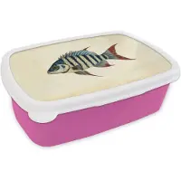 MuchoWow Broodtrommel Roze - Lunchbox Gestreept - Donkerblauw - Rugvin - Vis - Brooddoos 18x12x6 cm - Brood lunch box - Broodtrommels voor kinderen en volwassenen