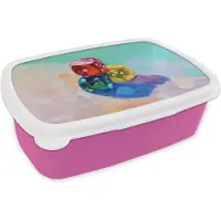 MuchoWow Broodtrommel Roze - Lunchbox Dobbelstenen - Kleurrijk - Getallen - Stipjes - Brooddoos 18x12x6 cm - Brood lunch box - Broodtrommels voor kinderen en volwassenen