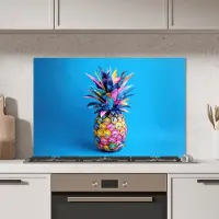 KitchenYeah Spatscherm keuken 90x60 cm - Kookplaat achterwand Ananas - Blauw - Tropisch - Vrolijk - Muurbeschermer - Spatwand fornuis - Hoogwaardig aluminium