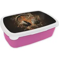 MuchoWow Broodtrommel Roze - Lunchbox Koptelefoon - Bruin - Dynamische penseelstreken - Brooddoos 18x12x6 cm - Brood lunch box - Broodtrommels voor kinderen en volwassenen