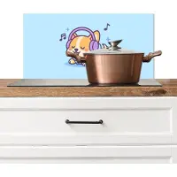 KitchenYeah Spatscherm keuken 60x30 cm - Kookplaat achterwand Corgi - Koptelefoon - Blauw - Muzieknoten - Muurbeschermer - Spatwand fornuis - Hoogwaardig aluminium