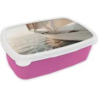 MuchoWow Broodtrommel Roze - Lunchbox Zeilboot - Zee - Beige - Zon - Brooddoos 18x12x6 cm - Brood lunch box - Broodtrommels voor kinderen en volwassenen