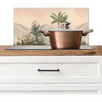 KitchenYeah Spatscherm keuken 60x30 cm - Kookplaat achterwand Tropisch landschap - palmbomen - Bloemen - Roze lucht - Muurbeschermer - Spatwand fornuis - Hoogwaardig aluminium