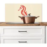 KitchenYeah Spatscherm keuken 90x45 cm - Kookplaat achterwand Zeepaardje - Rood - Fijne details - Muurbeschermer - Spatwand fornuis - Hoogwaardig aluminium