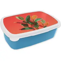 MuchoWow Broodtrommel Blauw - Lunchbox Bladeren - Nerven - Oranje - Structuur - Brooddoos 18x12x6 cm - Brood lunch box - Broodtrommels voor kinderen en volwassenen