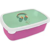MuchoWow Broodtrommel Roze - Lunchbox Koptelefoon - Oranje - Snoer - Minimalistisch - Brooddoos 18x12x6 cm - Brood lunch box - Broodtrommels voor kinderen en volwassenen