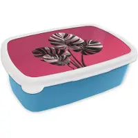 MuchoWow Broodtrommel Blauw - Lunchbox Bladeren - Rond - Roze - Brooddoos 18x12x6 cm - Brood lunch box - Broodtrommels voor kinderen en volwassenen