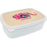 MuchoWow Broodtrommel Wit - Lunchbox Camera - Memories - Roze - Geschilderd - Brooddoos 18x12x6 cm - Brood lunch box - Broodtrommels voor kinderen en volwassenen