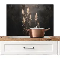KitchenYeah Spatscherm keuken 90x60 cm - Kookplaat achterwand Siergras - Pluimen - Verlichting - Zwart - Muurbeschermer - Spatwand fornuis - Hoogwaardig aluminium