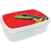 MuchoWow Broodtrommel Wit - Lunchbox Kikker - Kleurrijk - Strepen - Ogen - Brooddoos 18x12x6 cm - Brood lunch box - Broodtrommels voor kinderen en volwassenen
