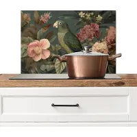 KitchenYeah Spatscherm keuken 60x40 cm - Kookplaat achterwand Groene papegaai - Kleurrijke bloemen - Donkere achtergrond - Muurbeschermer - Spatwand fornuis - Hoogwaardig aluminium
