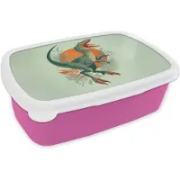 MuchoWow Broodtrommel Roze - Lunchbox Dino - Bladeren - Grafisch - Groen - Brooddoos 18x12x6 cm - Brood lunch box - Broodtrommels voor kinderen en volwassenen