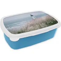 MuchoWow Broodtrommel Blauw - Lunchbox Vuurtoren - Klif - Zee - Bloemen - Brooddoos 18x12x6 cm - Brood lunch box - Broodtrommels voor kinderen en volwassenen