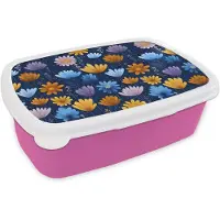 MuchoWow Broodtrommel Roze - Lunchbox Bloemen - Patroon - Blauw - Contrast - Brooddoos 18x12x6 cm - Brood lunch box - Broodtrommels voor kinderen en volwassenen