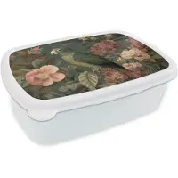 MuchoWow Broodtrommel Wit - Lunchbox Groene papegaai - Kleurrijke bloemen - Donkere achtergrond - Brooddoos 18x12x6 cm - Brood lunch box - Broodtrommels voor kinderen en volwassenen