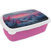 MuchoWow Broodtrommel Roze - Lunchbox Schilderij - Zonsondergang - Bloemen - Rivier - Brooddoos 18x12x6 cm - Brood lunch box - Broodtrommels voor kinderen en volwassenen