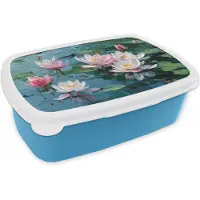 MuchoWow Broodtrommel Blauw - Lunchbox Waterlelies - Bloemen - Roze - Water - Brooddoos 18x12x6 cm - Brood lunch box - Broodtrommels voor kinderen en volwassenen