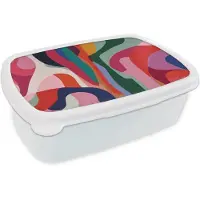 MuchoWow Broodtrommel Wit - Lunchbox Vormen - Bochten - Kleurrijk - Abstract - Brooddoos 18x12x6 cm - Brood lunch box - Broodtrommels voor kinderen en volwassenen