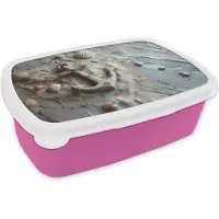 MuchoWow Broodtrommel Roze - Lunchbox Anker - Hout - Schelpen - Zand - Brooddoos 18x12x6 cm - Brood lunch box - Broodtrommels voor kinderen en volwassenen