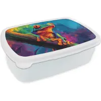MuchoWow Broodtrommel Wit - Lunchbox Kikker - Felgekleurd - Tak - Regenboog - Brooddoos 18x12x6 cm - Brood lunch box - Broodtrommels voor kinderen en volwassenen