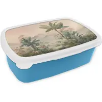 MuchoWow Broodtrommel Blauw - Lunchbox Tropisch landschap - palmbomen - Bloemen - Roze lucht - Brooddoos 18x12x6 cm - Brood lunch box - Broodtrommels voor kinderen en volwassenen