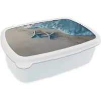 MuchoWow Broodtrommel Wit - Lunchbox Zeesterren - Zand - Zee - Blauw - Brooddoos 18x12x6 cm - Brood lunch box - Broodtrommels voor kinderen en volwassenen
