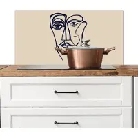 KitchenYeah Spatscherm keuken 90x45 cm - Kookplaat achterwand Minimalistisch - Lijnillustratie - Beige - Donkerblauw - Muurbeschermer - Spatwand fornuis - Hoogwaardig aluminium