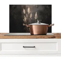 KitchenYeah Spatscherm keuken 60x40 cm - Kookplaat achterwand Siergras - Pluimen - Verlichting - Zwart - Muurbeschermer - Spatwand fornuis - Hoogwaardig aluminium