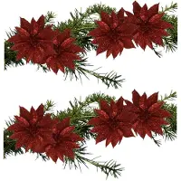 Gerimport Kerstboomversiering Bloemen - 8x stuks - 9 cm - rood glitter - op clip