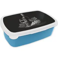 MuchoWow Broodtrommel Blauw - Lunchbox Wijnfles - Glas - Druiven - Bladeren - Brooddoos 18x12x6 cm - Brood lunch box - Broodtrommels voor kinderen en volwassenen