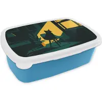 MuchoWow Broodtrommel Blauw - Lunchbox Zwarte kat - Mysterieus - Gele instraal - Brooddoos 18x12x6 cm - Brood lunch box - Broodtrommels voor kinderen en volwassenen