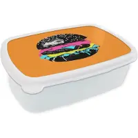 MuchoWow Broodtrommel Wit - Lunchbox Hamburger - Oranje - Neon - popart - Brooddoos 18x12x6 cm - Brood lunch box - Broodtrommels voor kinderen en volwassenen