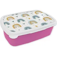 MuchoWow Broodtrommel Roze - Lunchbox Patroon - Regenboog - Hartjes - Brooddoos 18x12x6 cm - Brood lunch box - Broodtrommels voor kinderen en volwassenen