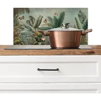 KitchenYeah Spatscherm keuken 70x30 cm - Kookplaat achterwand Tropisch bladerdek - Vlinders - groen - Bruin - Muurbeschermer - Spatwand fornuis - Hoogwaardig aluminium