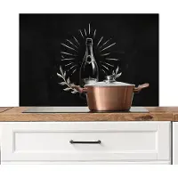 KitchenYeah Spatscherm keuken 90x60 cm - Kookplaat achterwand Champagnefles - Lauriertakken - Zwarte achtergrond - Muurbeschermer - Spatwand fornuis - Hoogwaardig aluminium