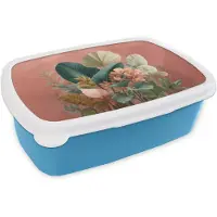 MuchoWow Broodtrommel Blauw - Lunchbox Tropische bladeren - Bloemen - Roze - groen - Brooddoos 18x12x6 cm - Brood lunch box - Broodtrommels voor kinderen en volwassenen