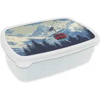 MuchoWow Broodtrommel Wit - Lunchbox Kabelbaan - Sneeuw - Berglandschap - Brooddoos 18x12x6 cm - Brood lunch box - Broodtrommels voor kinderen en volwassenen