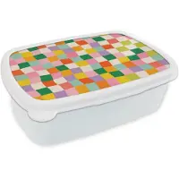MuchoWow Broodtrommel Wit - Lunchbox Vierkanten - Kleurrijk - Golvend - Brooddoos 18x12x6 cm - Brood lunch box - Broodtrommels voor kinderen en volwassenen