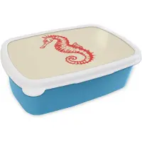 MuchoWow Broodtrommel Blauw - Lunchbox Zeepaardje - Rood - Fijne details - Brooddoos 18x12x6 cm - Brood lunch box - Broodtrommels voor kinderen en volwassenen