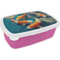 MuchoWow Broodtrommel Roze - Lunchbox Vissen - Waterlelies - Oranje - Water - Brooddoos 18x12x6 cm - Brood lunch box - Broodtrommels voor kinderen en volwassenen