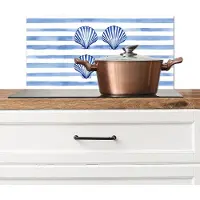 KitchenYeah Spatscherm keuken 60x30 cm - Kookplaat achterwand Vier schelpen - Blauw - Wit - Strepen - Muurbeschermer - Spatwand fornuis - Hoogwaardig aluminium