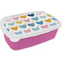 MuchoWow Broodtrommel Roze - Lunchbox Hartjes - Pastel - Kleurcontrast - Handgetekend - Brooddoos 18x12x6 cm - Brood lunch box - Broodtrommels voor kinderen en volwassenen