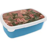 MuchoWow Broodtrommel Blauw - Lunchbox Kolibries - Bloemen - Groen - Roze - Brooddoos 18x12x6 cm - Brood lunch box - Broodtrommels voor kinderen en volwassenen