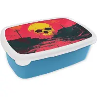 MuchoWow Broodtrommel Blauw - Lunchbox Straat - Verlaten - Schedel - Geel - Brooddoos 18x12x6 cm - Brood lunch box - Broodtrommels voor kinderen en volwassenen